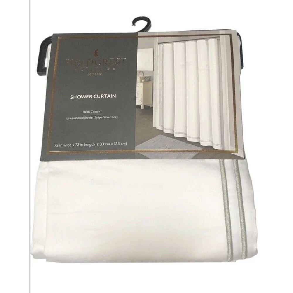 Fieldcrest Fabric Shower Curtain Double Baratta Silver Gray Border Stripe Cotton